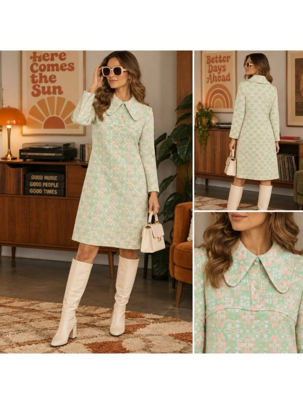 VTG 60s JC Penney Mod Shift Dress Green Geometric Peter Pan Collar Size Large